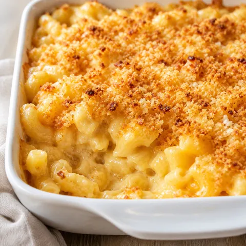 Classic baked mac and cheese with golden panko topping in a white ceramic baking dish