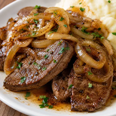 Beef liver with sweet onions and parsley on a white dinner plate