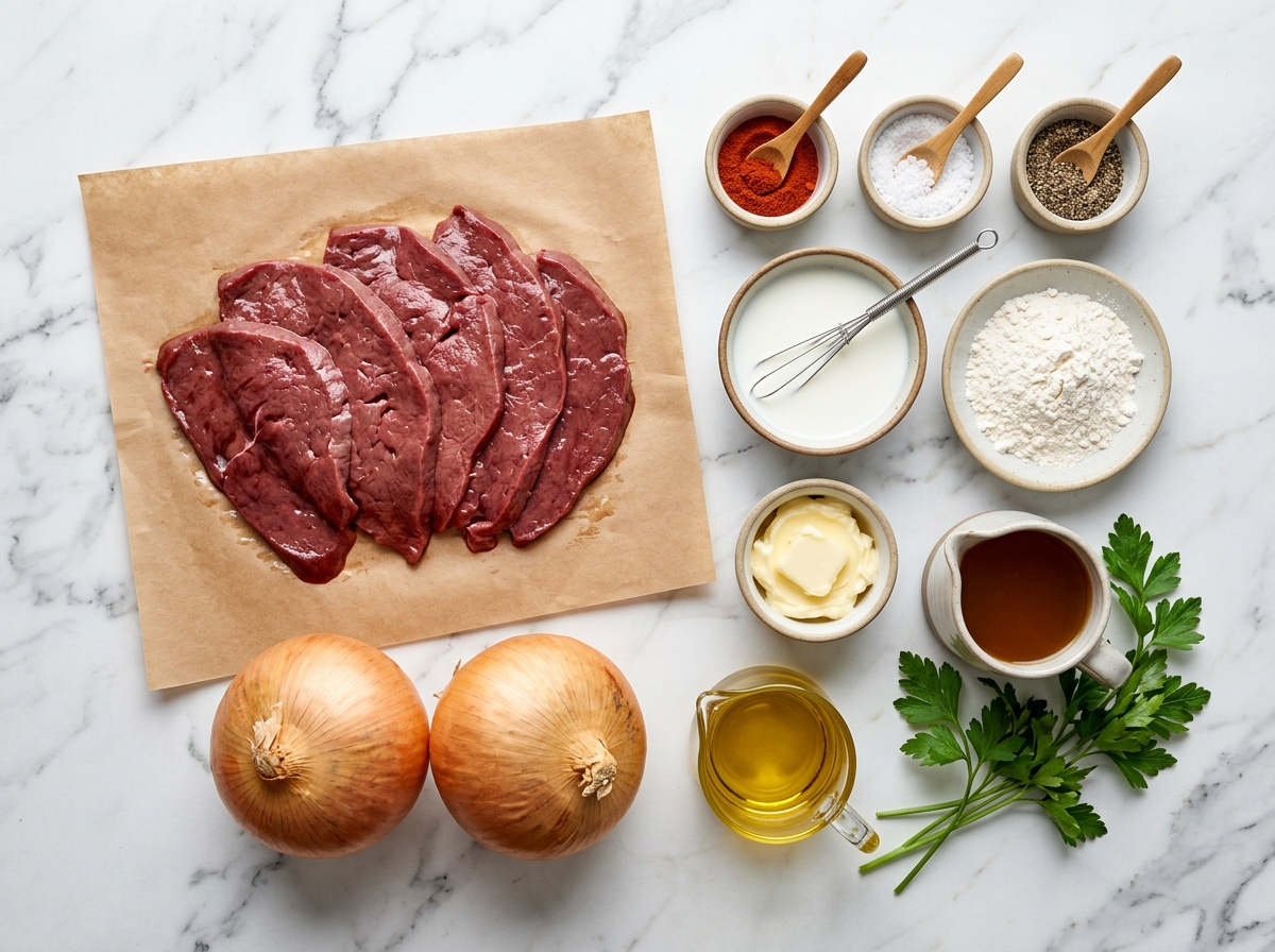 Raw beef liver, sweet onions, milk, flour, butter, and seasonings