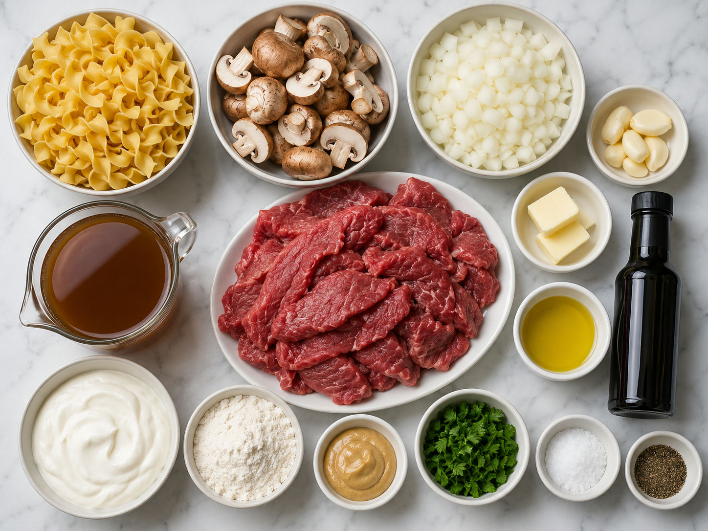 Ingredients for Classic Beef Stroganoff with beef, mushrooms, noodles, and sour cream