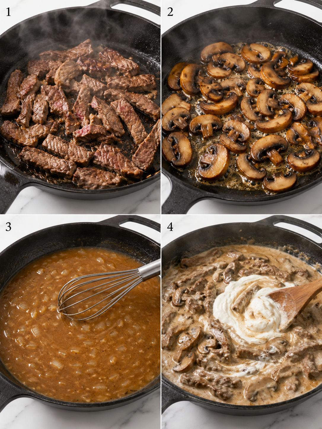 Steps for making beef stroganoff from searing beef to stirring in sour cream