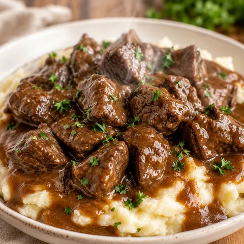 Classic beef tips and gravy over mashed potatoes with parsley in a white bowl