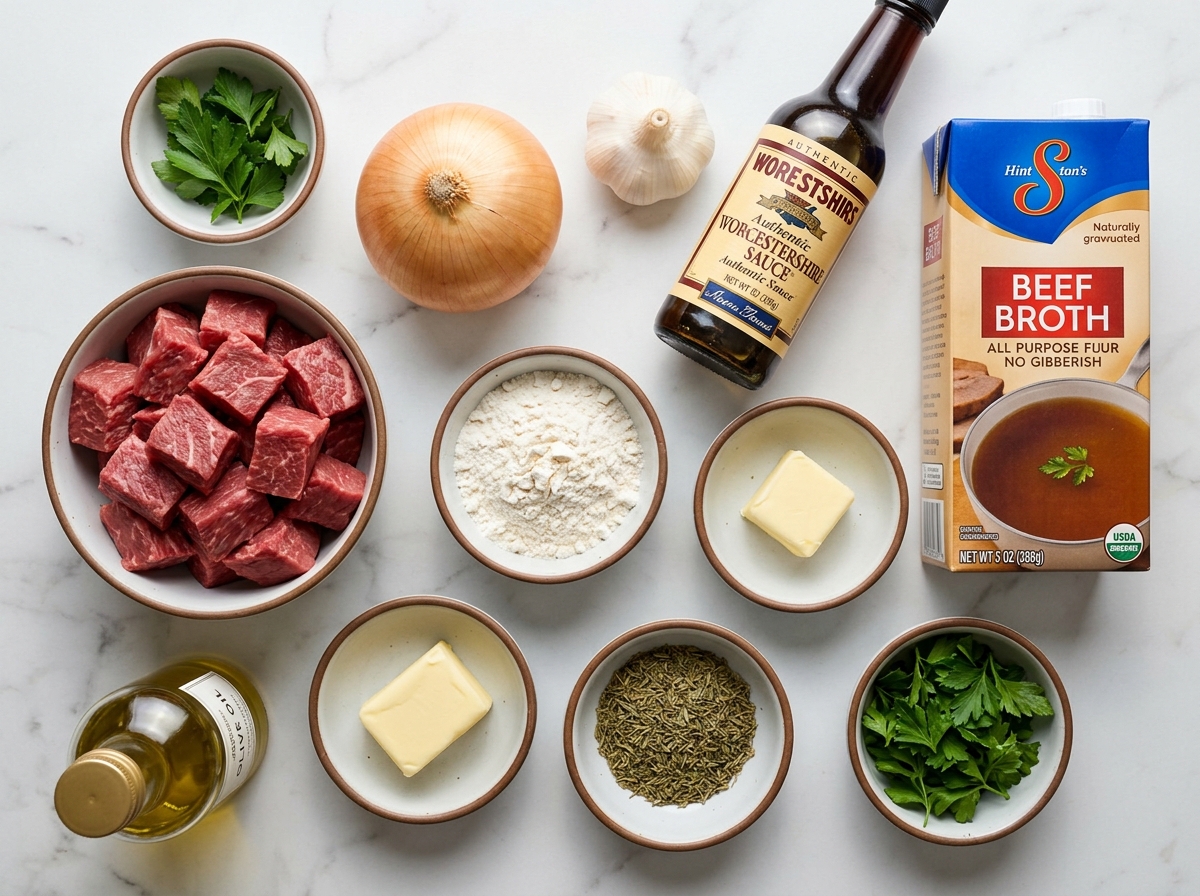Raw ingredients for beef tips and gravy arranged on a wooden board