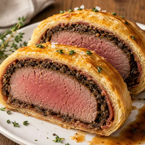 Sliced Beef Wellington with mushroom duxelles and golden puff pastry