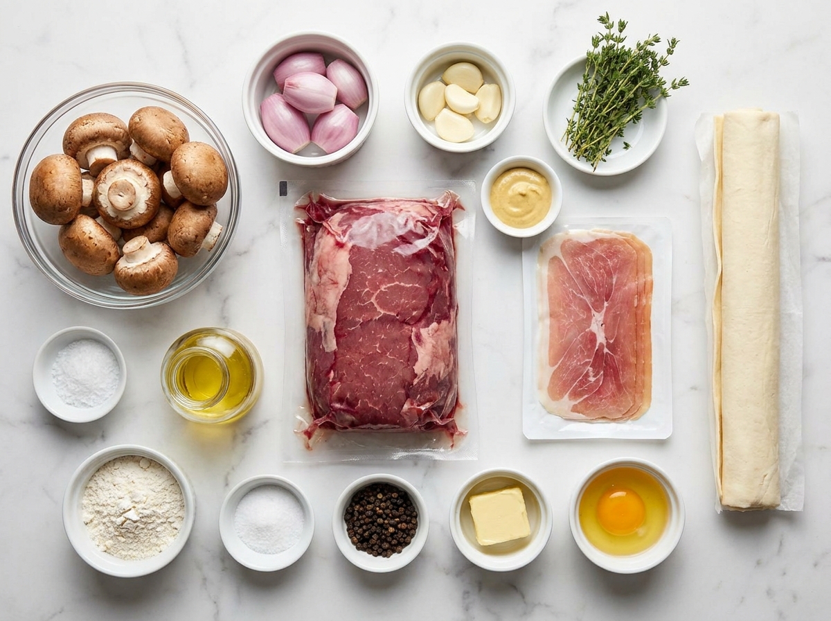 Raw Beef Wellington ingredients with tenderloin, mushrooms, prosciutto, and pastry