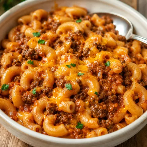 Classic Beefaroni with cheddar and parsley in a shallow bowl