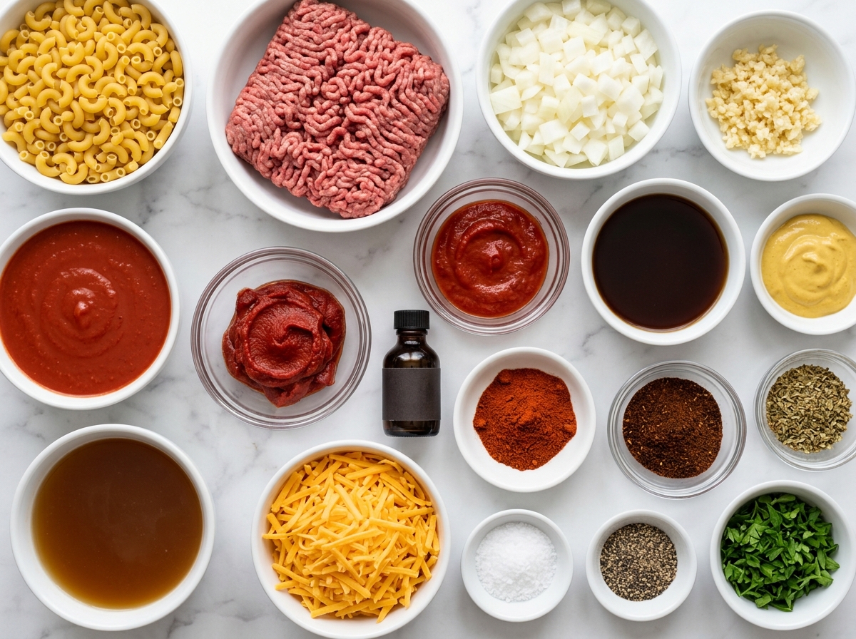 Ingredients for Classic Beefaroni with macaroni, beef, tomato sauce, and cheddar