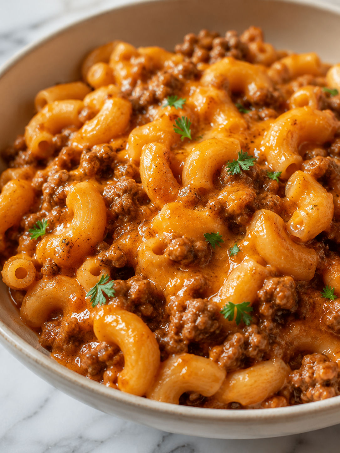 Classic Beefaroni, plated and served