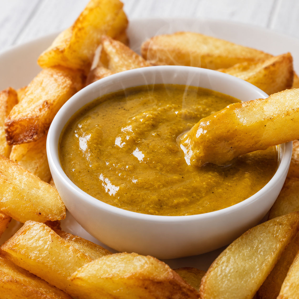 Golden chip shop curry sauce with hot chips on a white plate