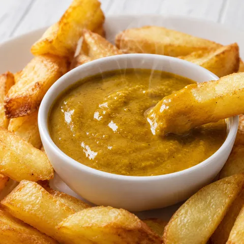 Golden chip shop curry sauce with hot chips on a white plate