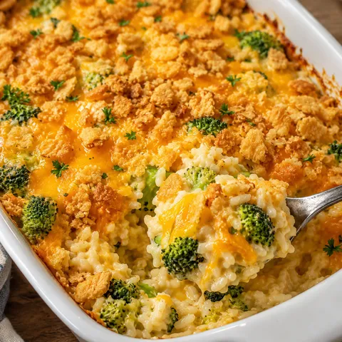 Broccoli cheese rice casserole with golden cracker topping in a white dish