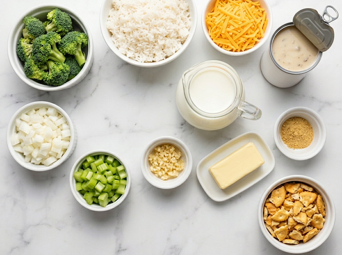 Ingredients for broccoli cheese rice casserole with rice, cheddar, and broccoli