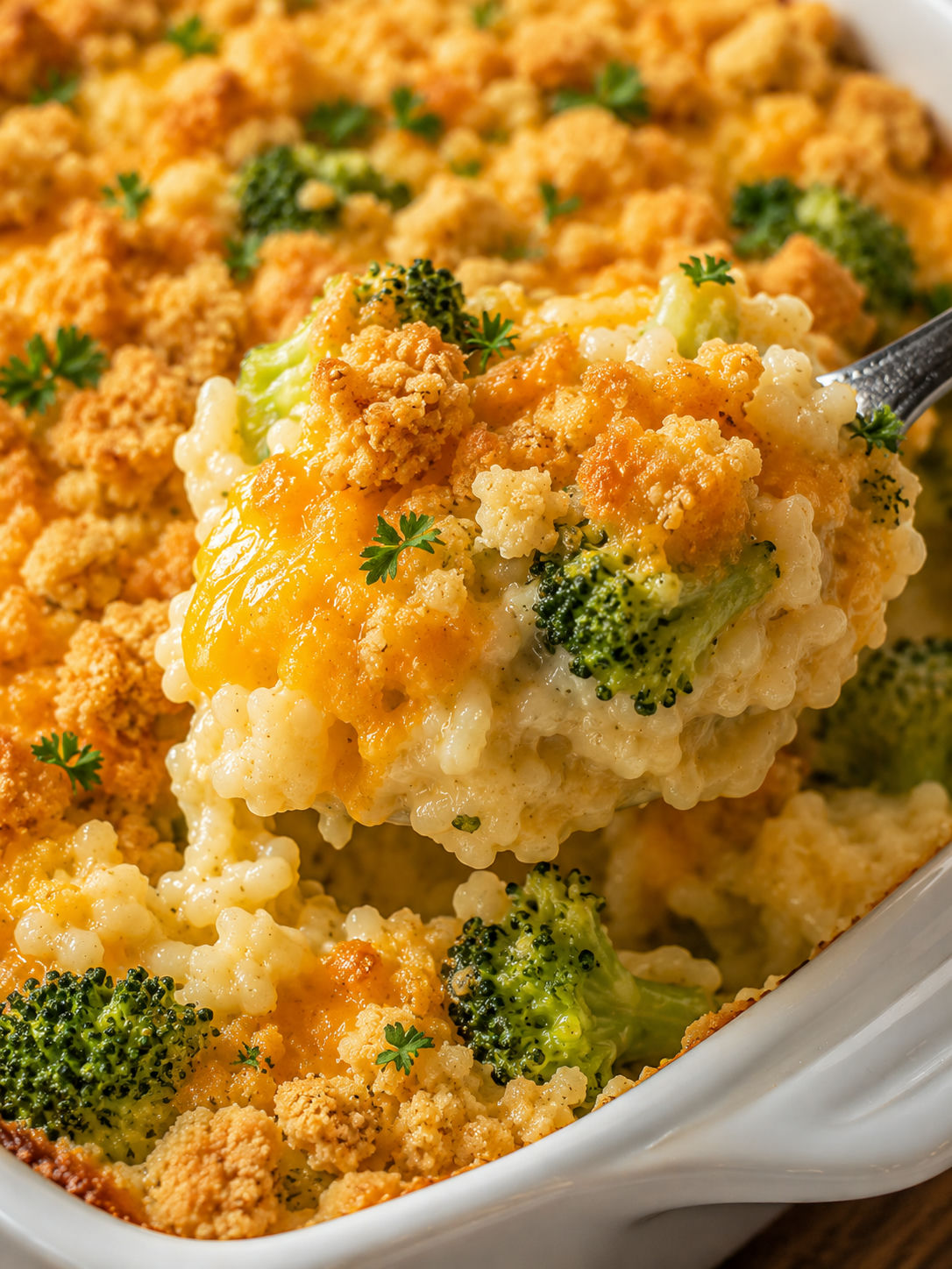 Classic Broccoli Cheese Rice Casserole, plated and served