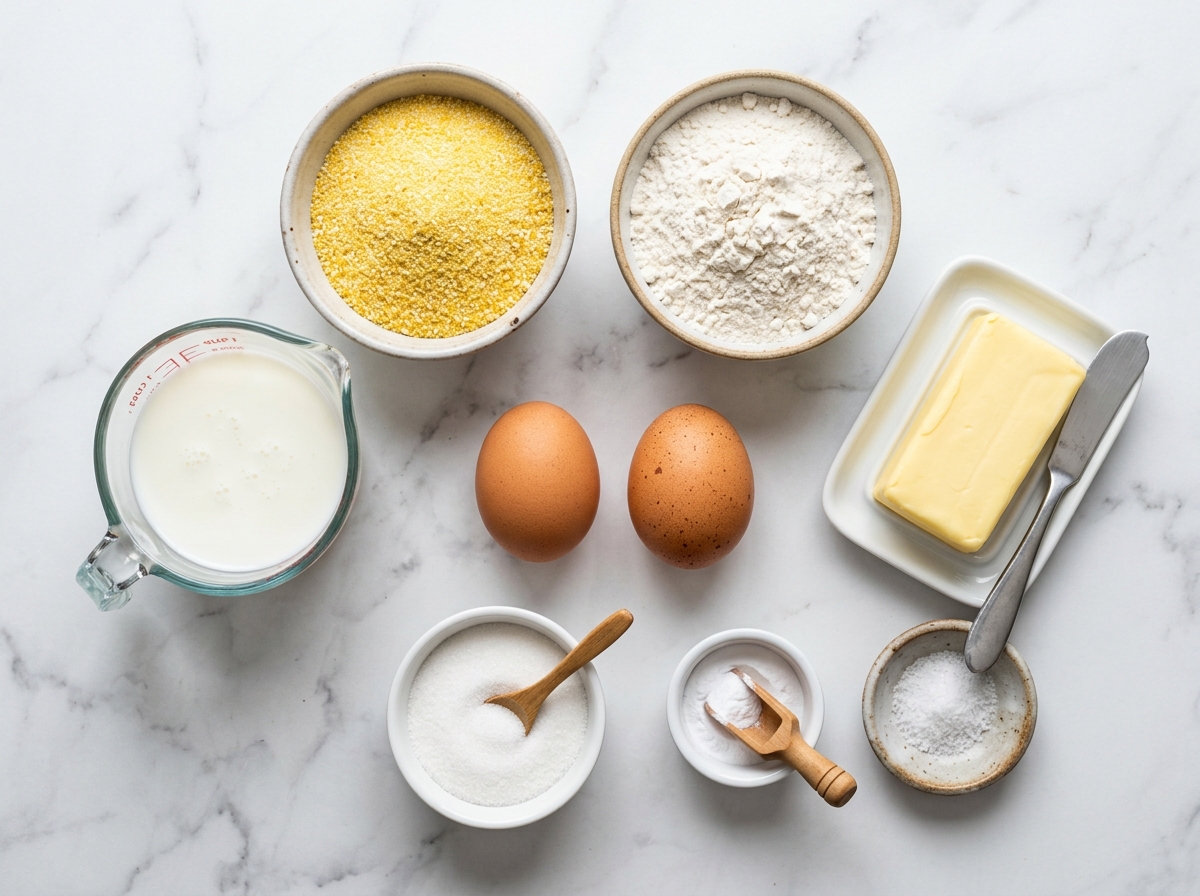 Cornmeal, buttermilk, eggs, butter, flour, sugar, baking soda, and salt