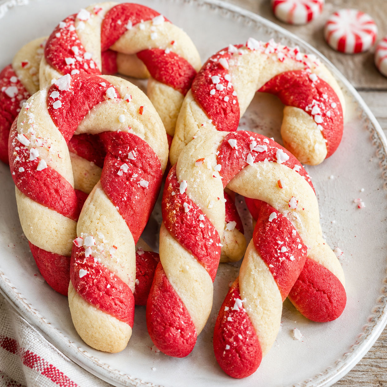 Classic candy cane cookies with red-and-white twists and peppermint sugar