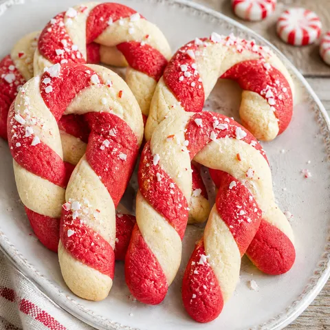 Classic candy cane cookies with red-and-white twists and peppermint sugar