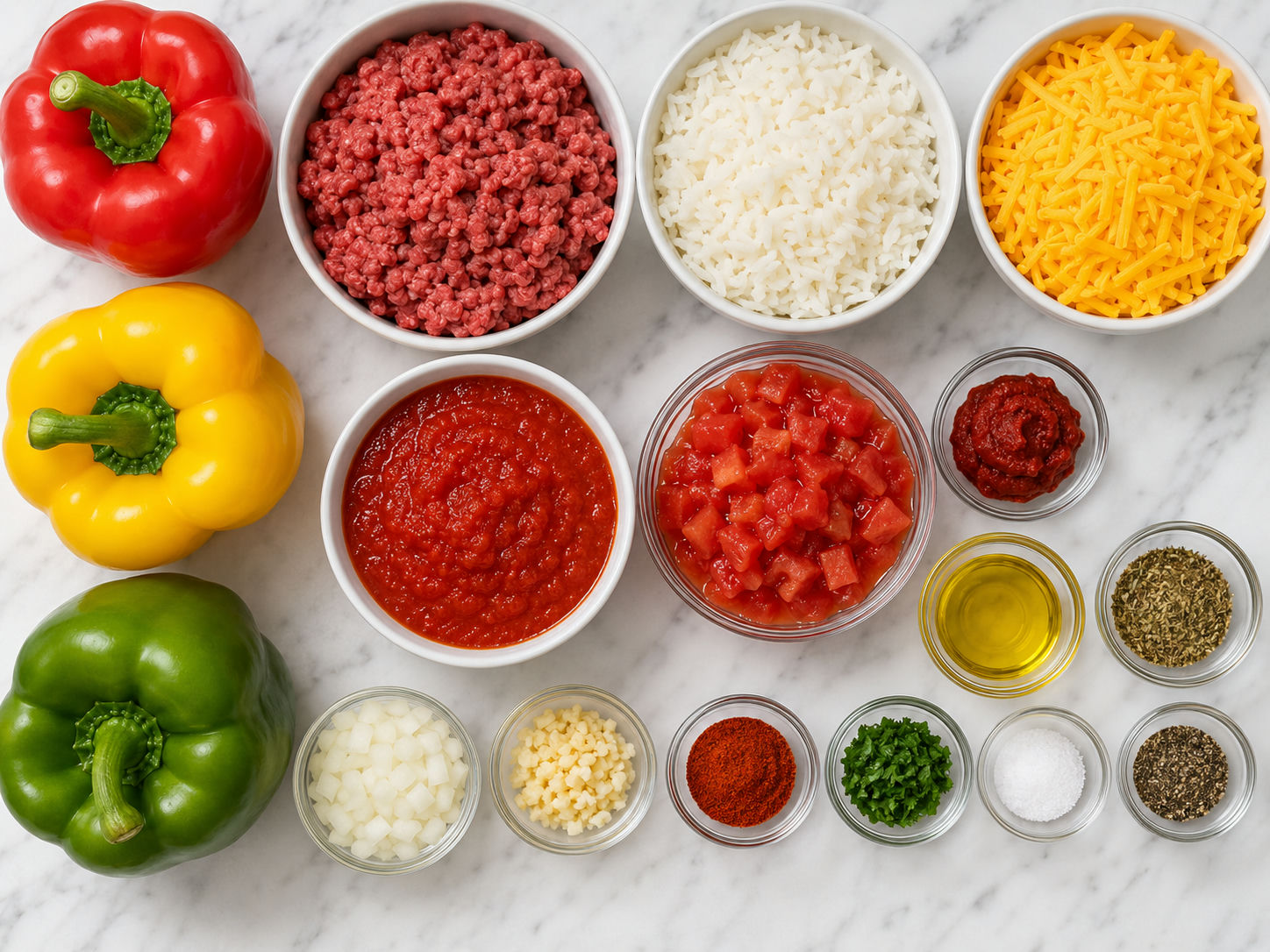 Ingredients for cheesy ground beef stuffed peppers on a wooden surface