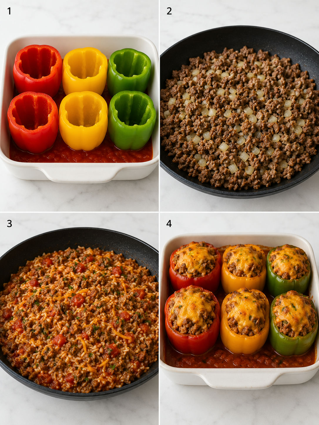 Four cooking steps for cheesy ground beef stuffed bell peppers