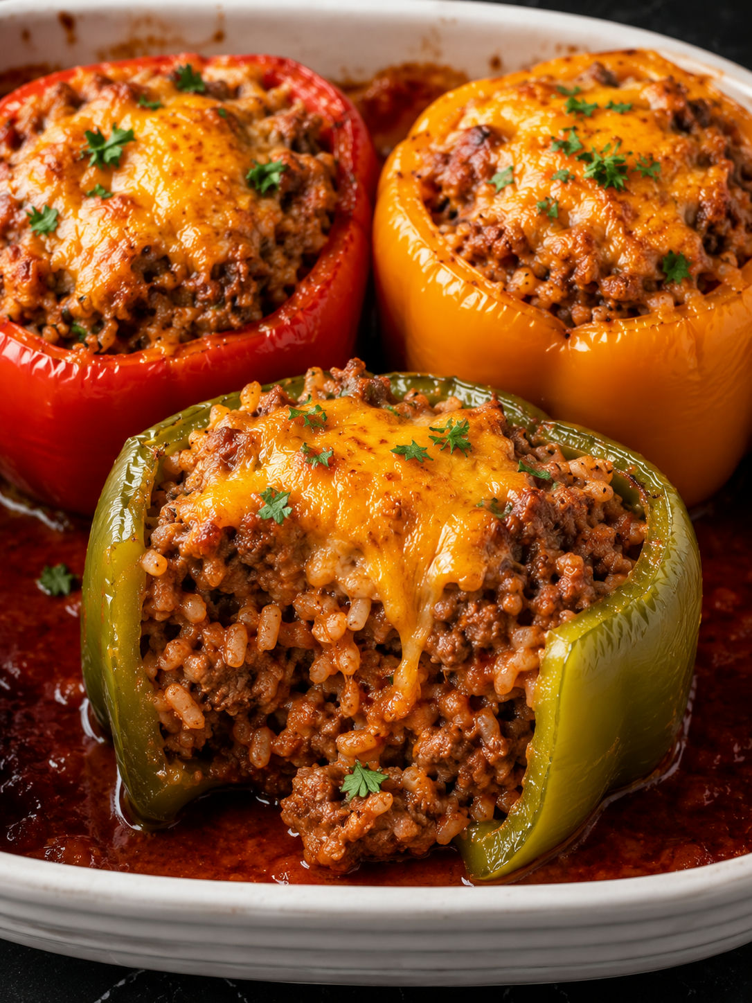 Cut cheesy stuffed bell pepper with ground beef rice filling and tomato sauce