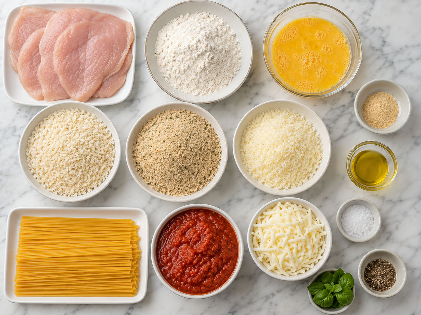 Ingredients for chicken parmesan with spaghetti and marinara
