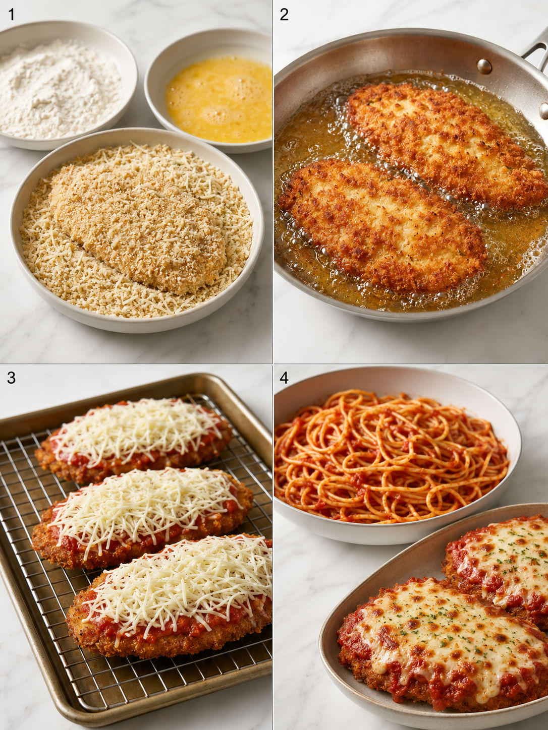 Steps for breading, frying, saucing, and serving chicken parmesan