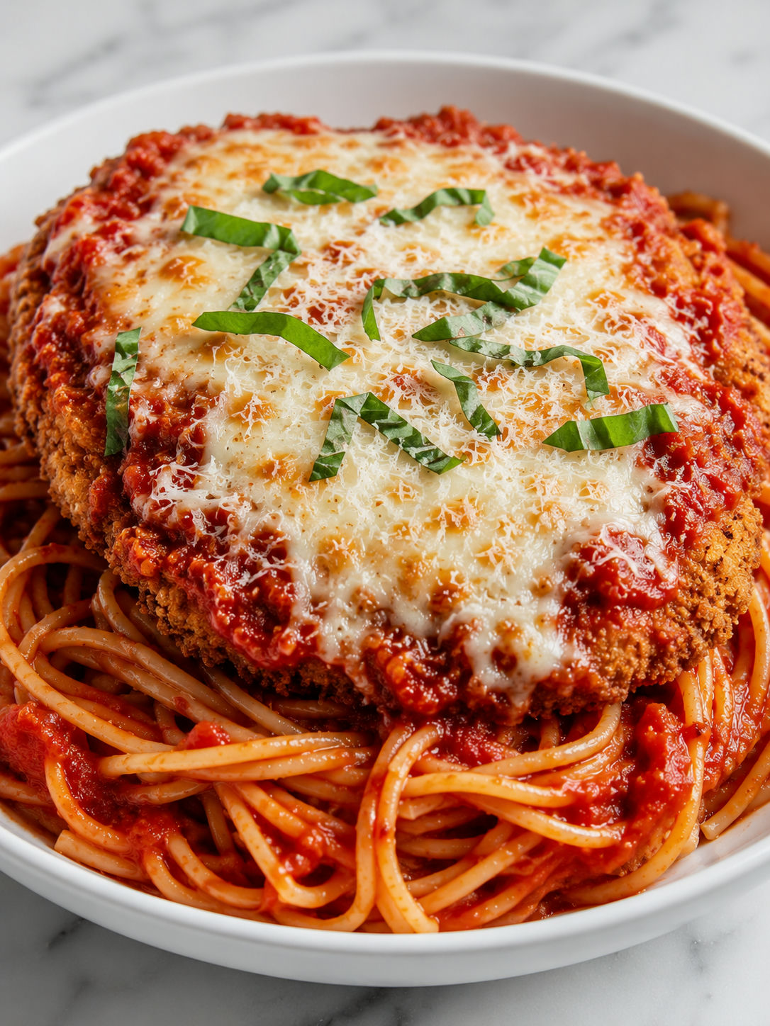 Cheesy chicken parmesan on saucy spaghetti with basil