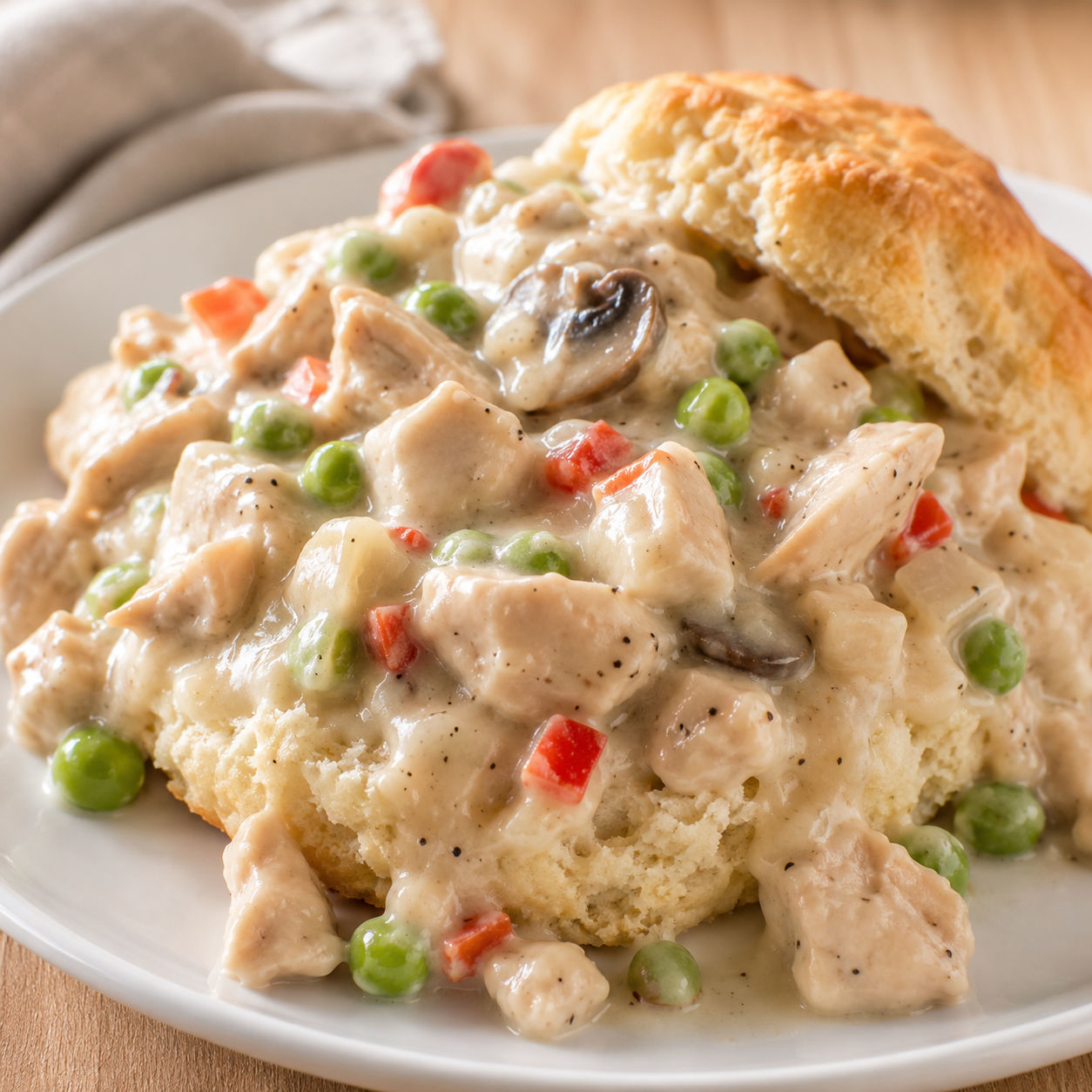 Classic chicken a la king with creamy sauce and vegetables over a buttermilk biscuit