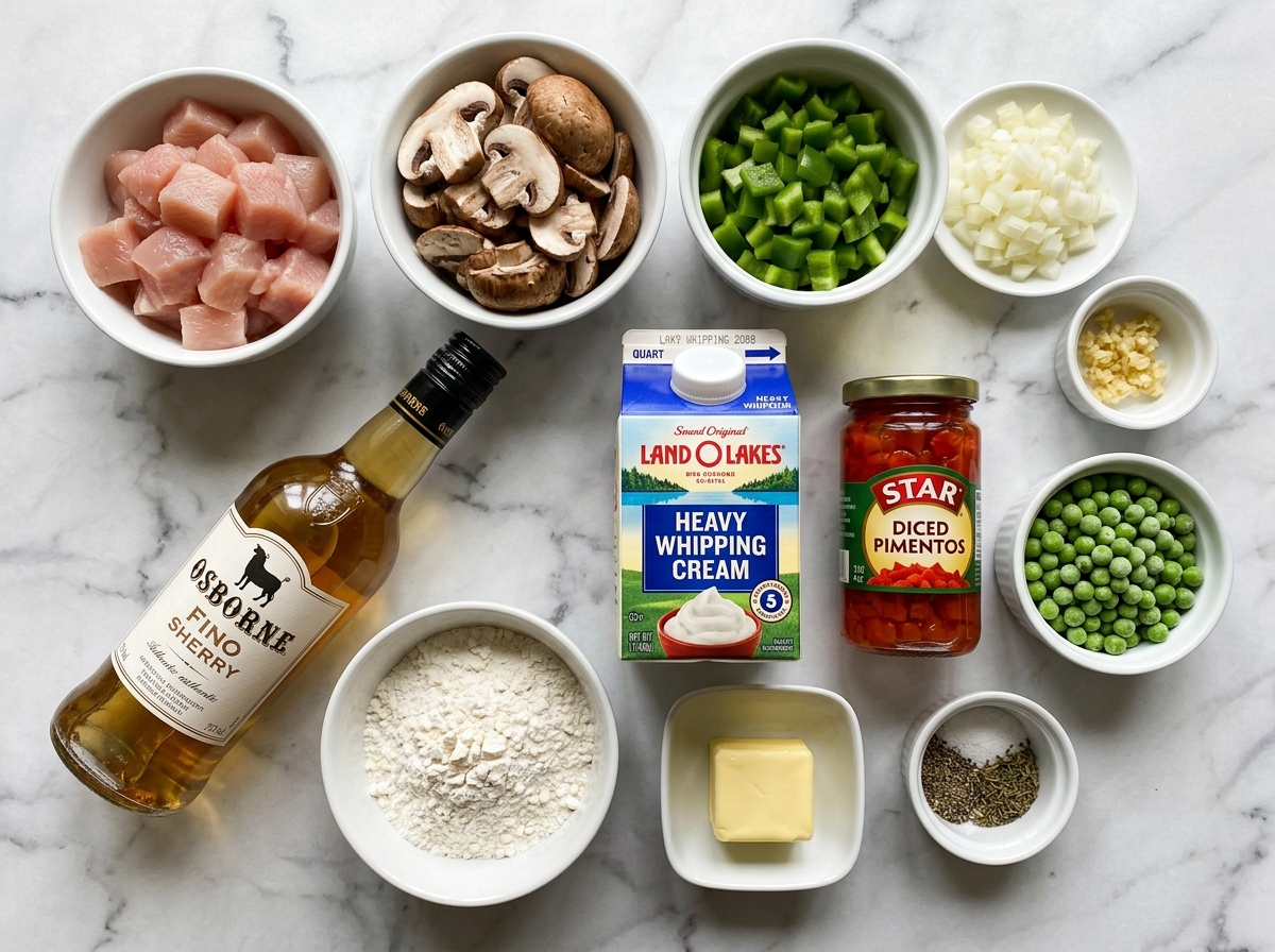Raw ingredients for chicken a la king on a light wooden surface
