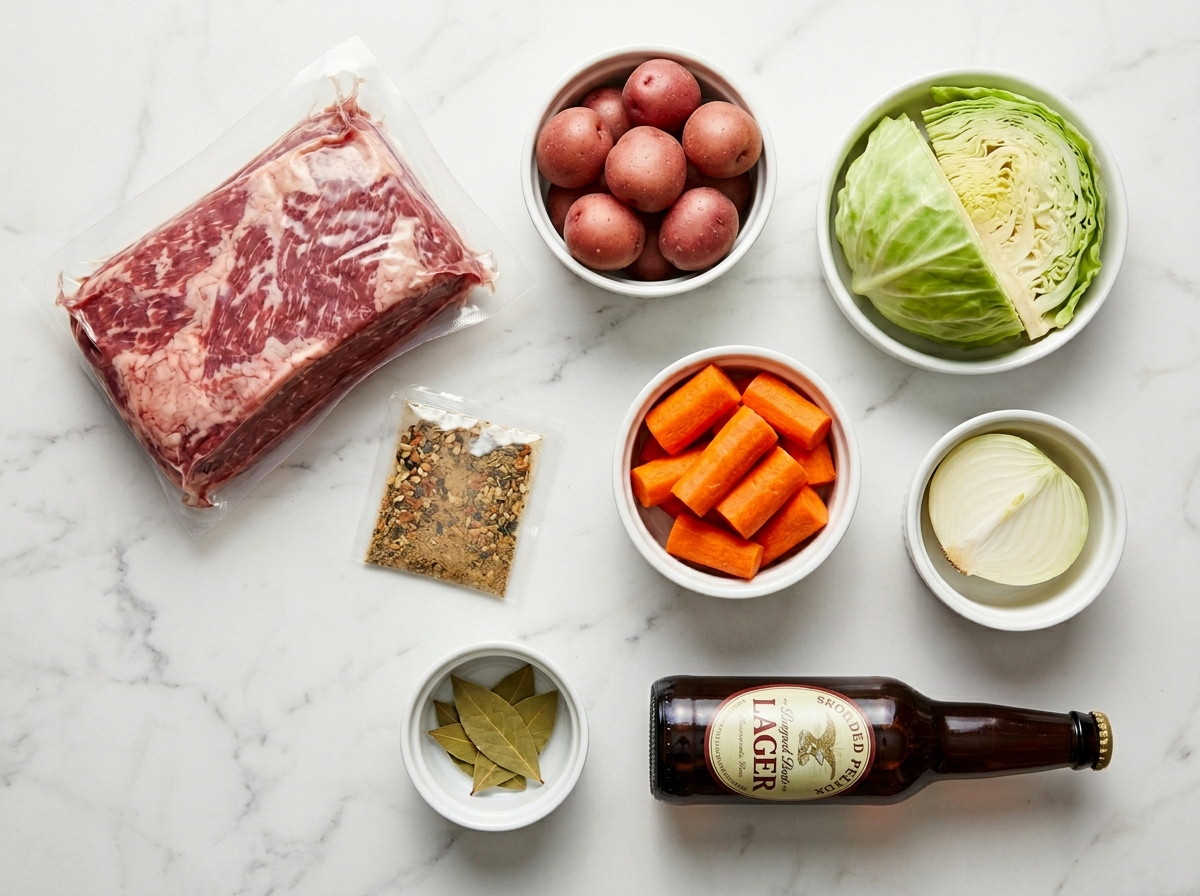 Raw corned beef brisket, potatoes, carrots, cabbage, and onion on a wooden board
