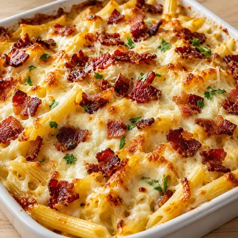 Creamy bacon cheese pasta bake with golden cheese and parsley