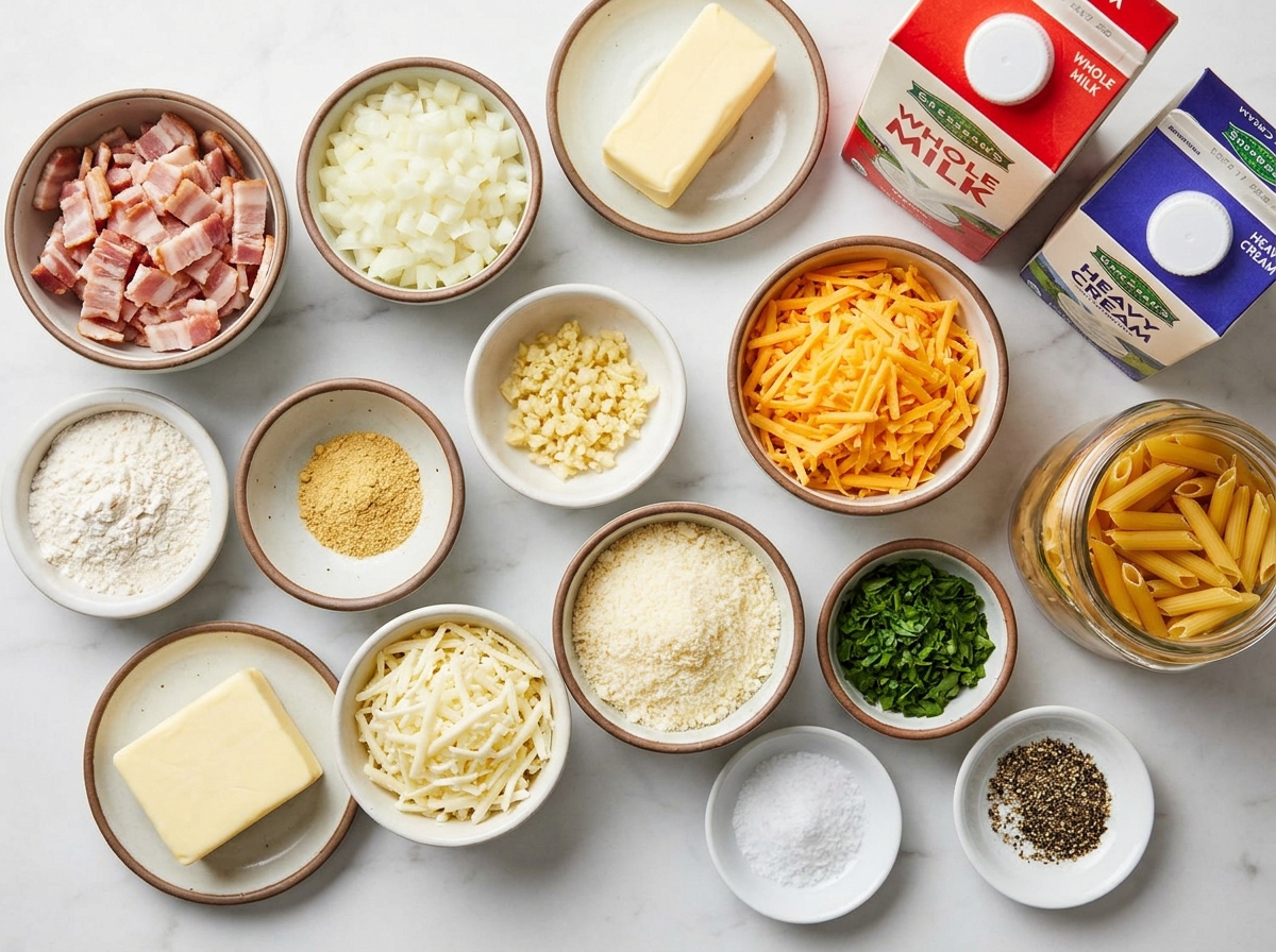Ingredients for creamy bacon cheese pasta bake on a wooden surface