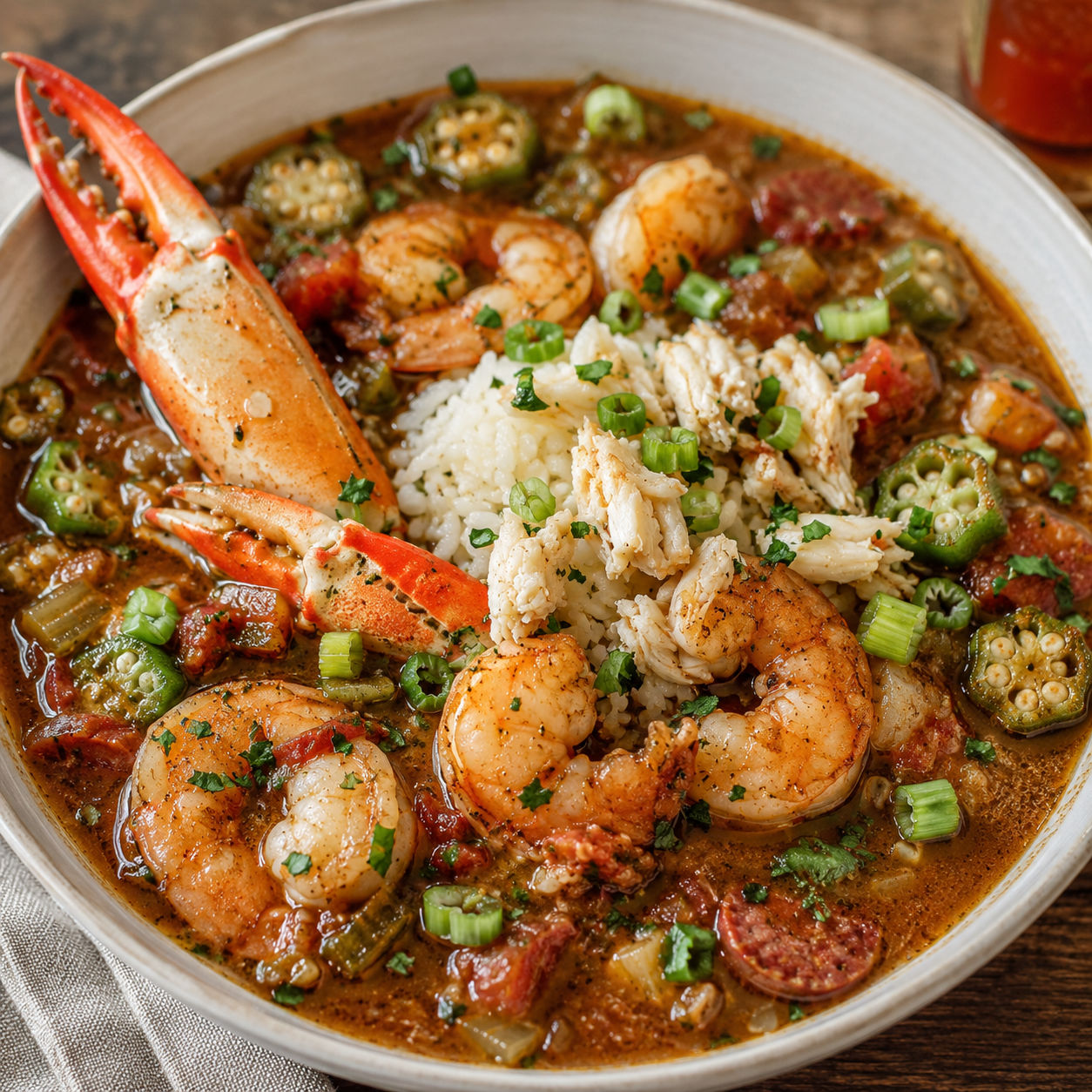 Creole seafood gumbo with shrimp, crab, okra, rice, and green onions