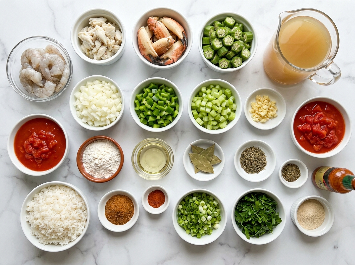 Ingredients for shrimp and crab Creole gumbo with okra and rice