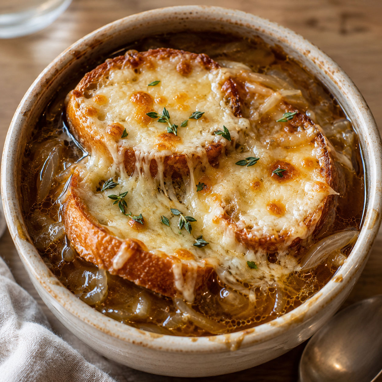 French onion soup with melted Gruyere and toasted baguette in a crock
