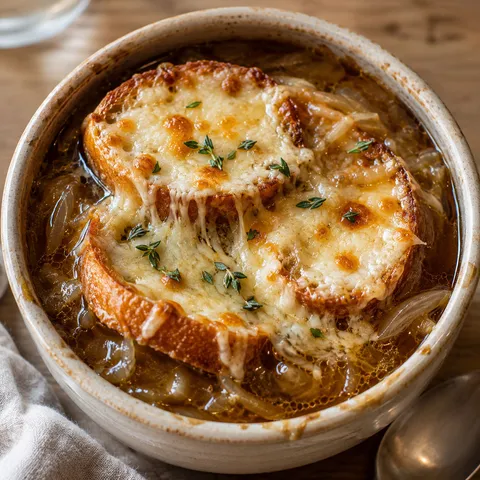 French onion soup with melted Gruyere and toasted baguette in a crock