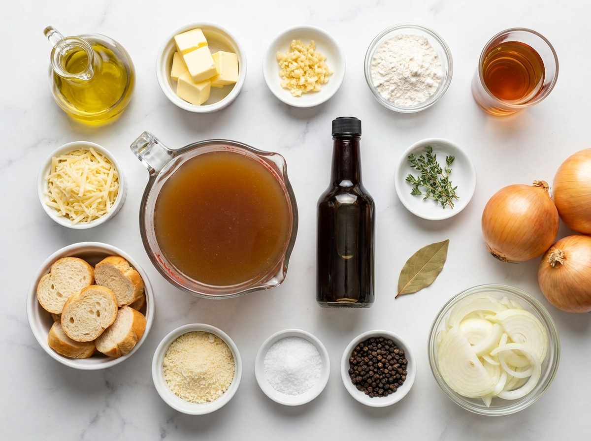 Ingredients for French onion soup with onions, broth, baguette, and Gruyere