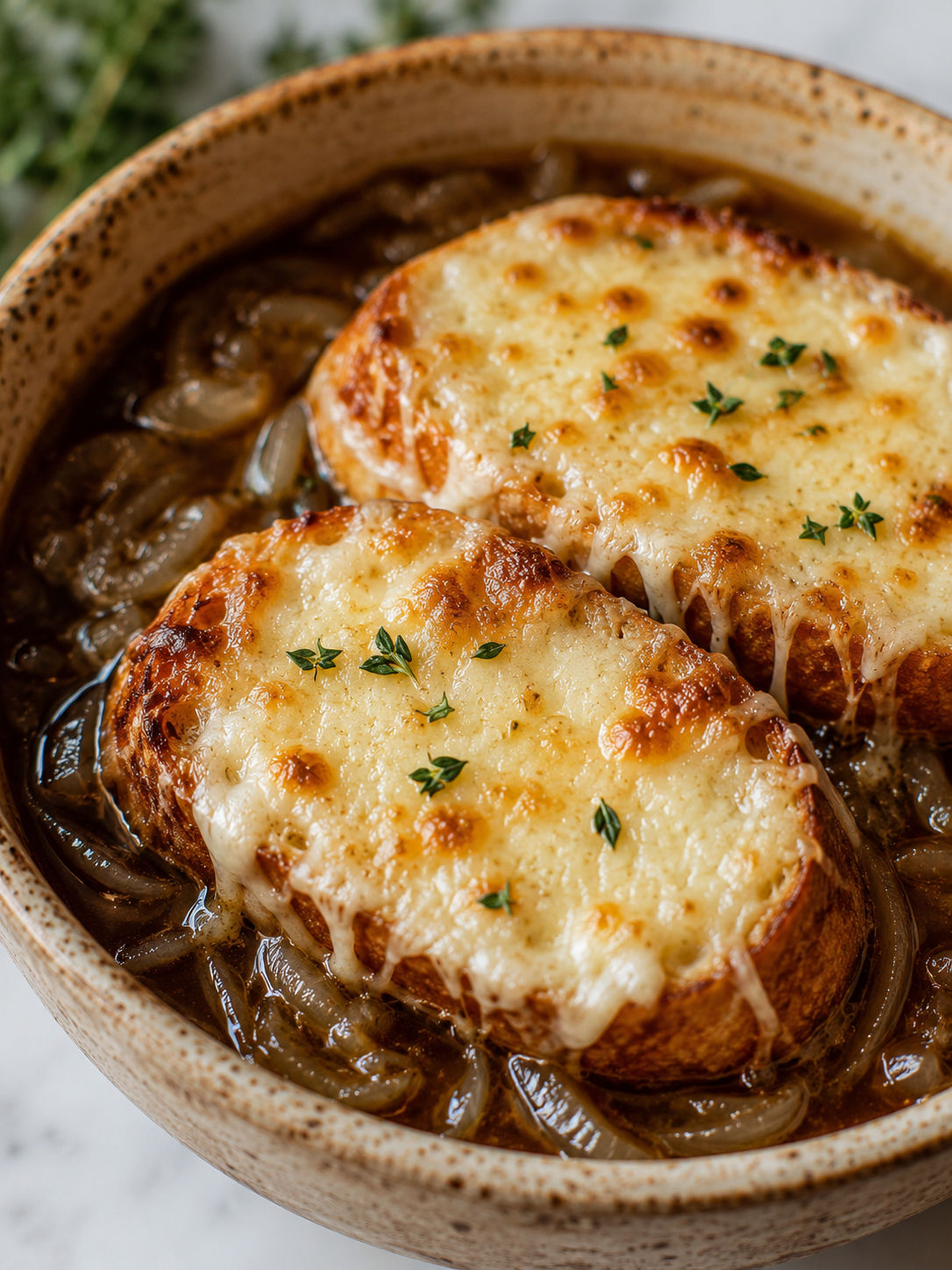 Classic Crockpot French Onion Soup, plated and served