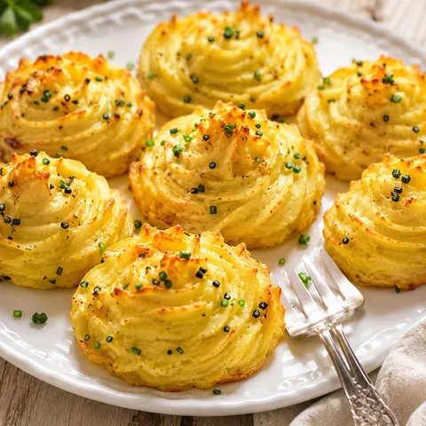 Golden Duchess Potatoes with chives on a white platter