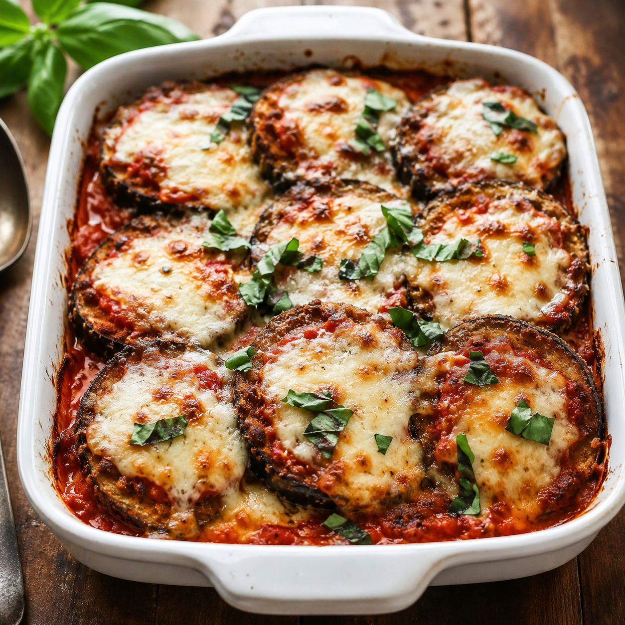 Classic Eggplant Parmesan with melted mozzarella and fresh basil