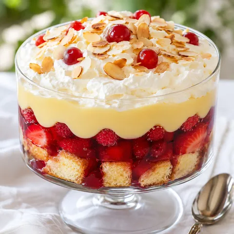 Classic English trifle with berry jelly, custard, whipped cream, and cherries