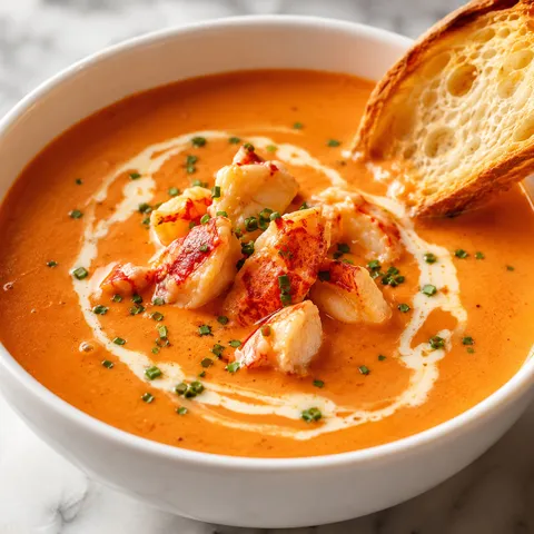 Classic French lobster bisque with lobster meat, cream swirl, and chives