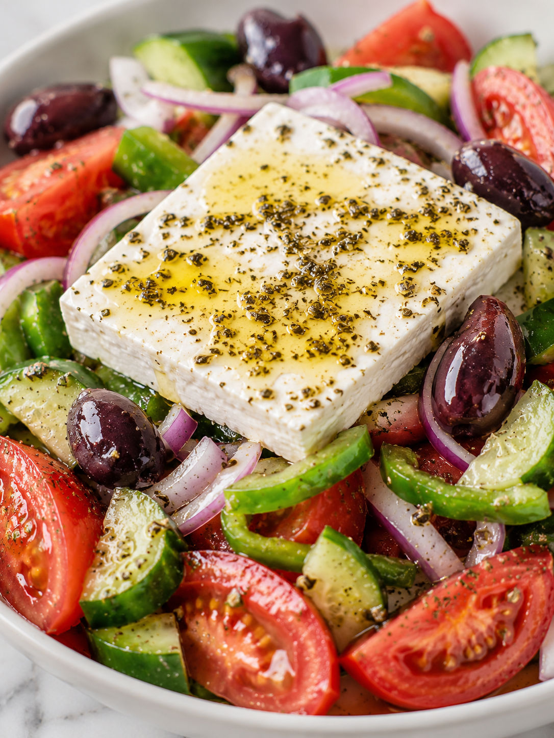 Classic Greek Salad, plated and served