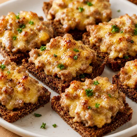 Hanky panky beef and sausage toasts with melted cheese on rye