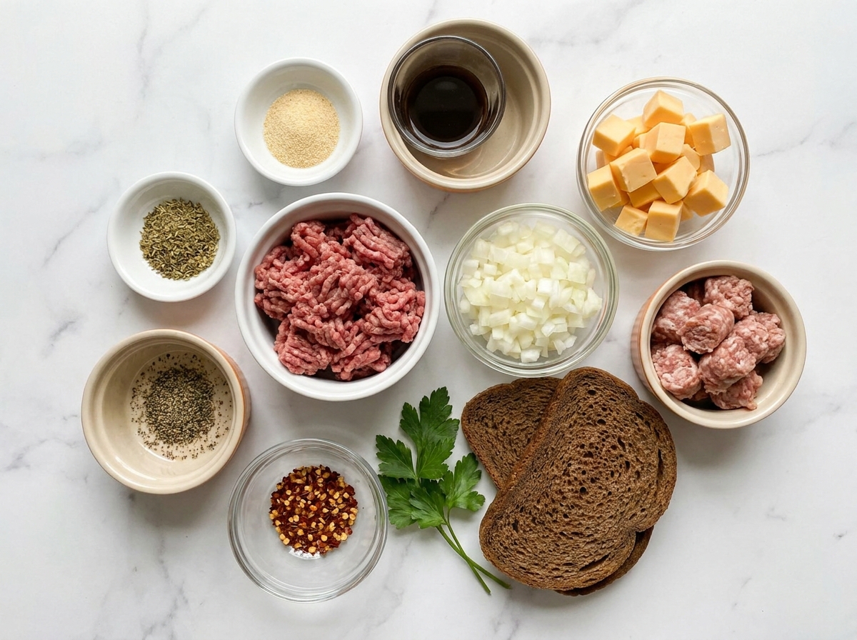 Ingredients for hanky panky toasts with beef sausage cheese and rye