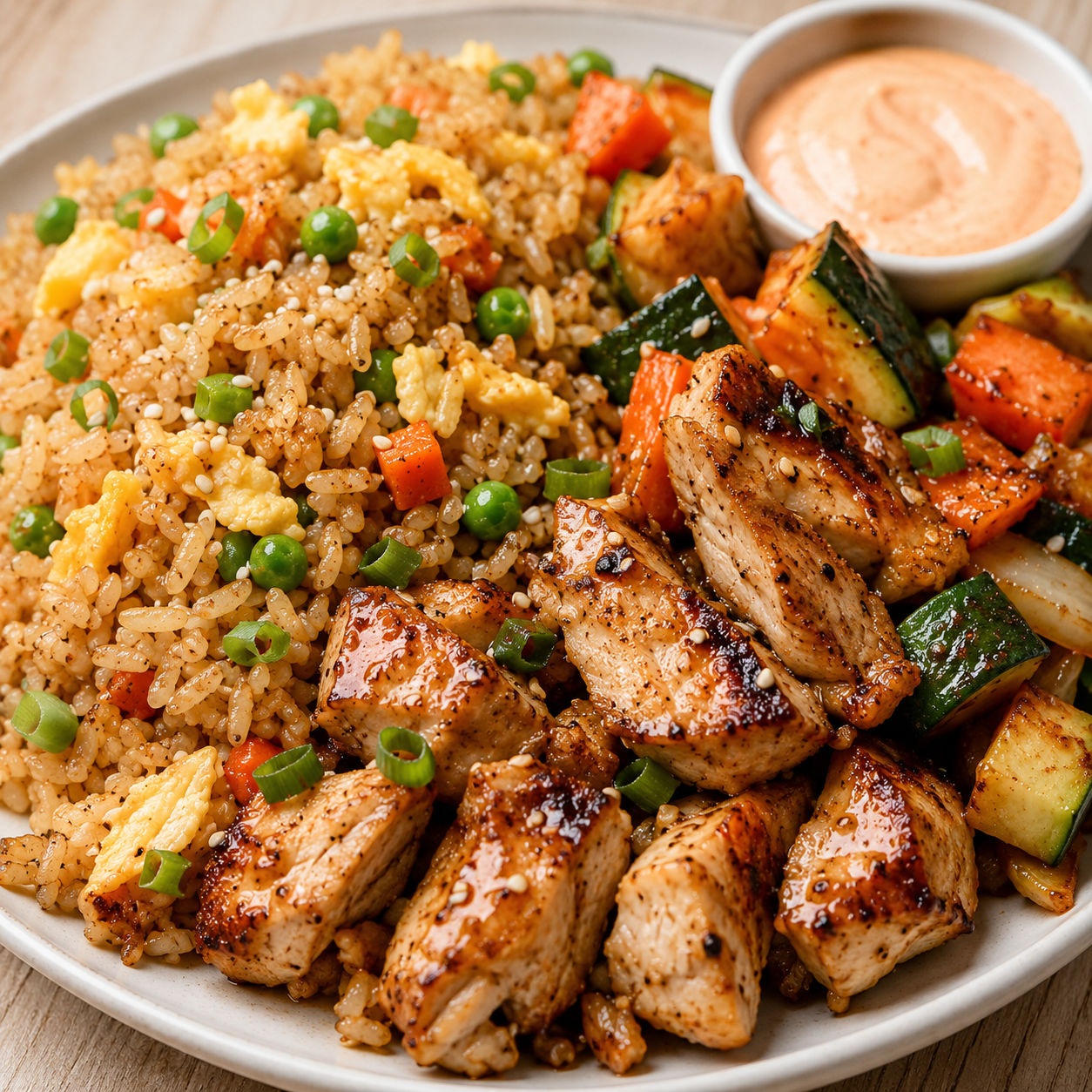 Hibachi chicken with fried rice, scallions, sesame seeds, and yum yum sauce