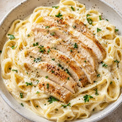 Chicken Alfredo fettuccine with creamy Parmesan sauce and parsley
