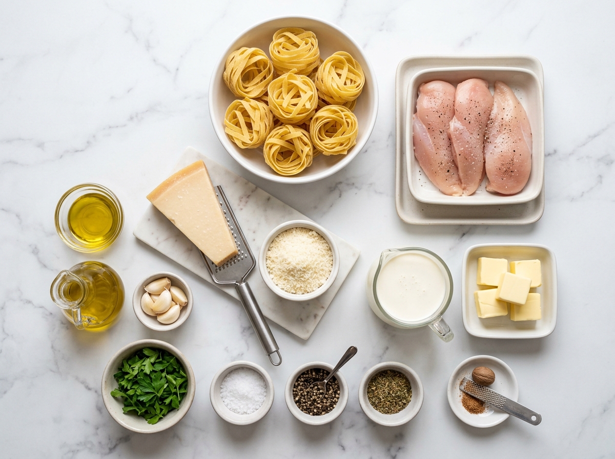 Ingredients for chicken Alfredo with fettuccine, Parmesan, cream, and garlic