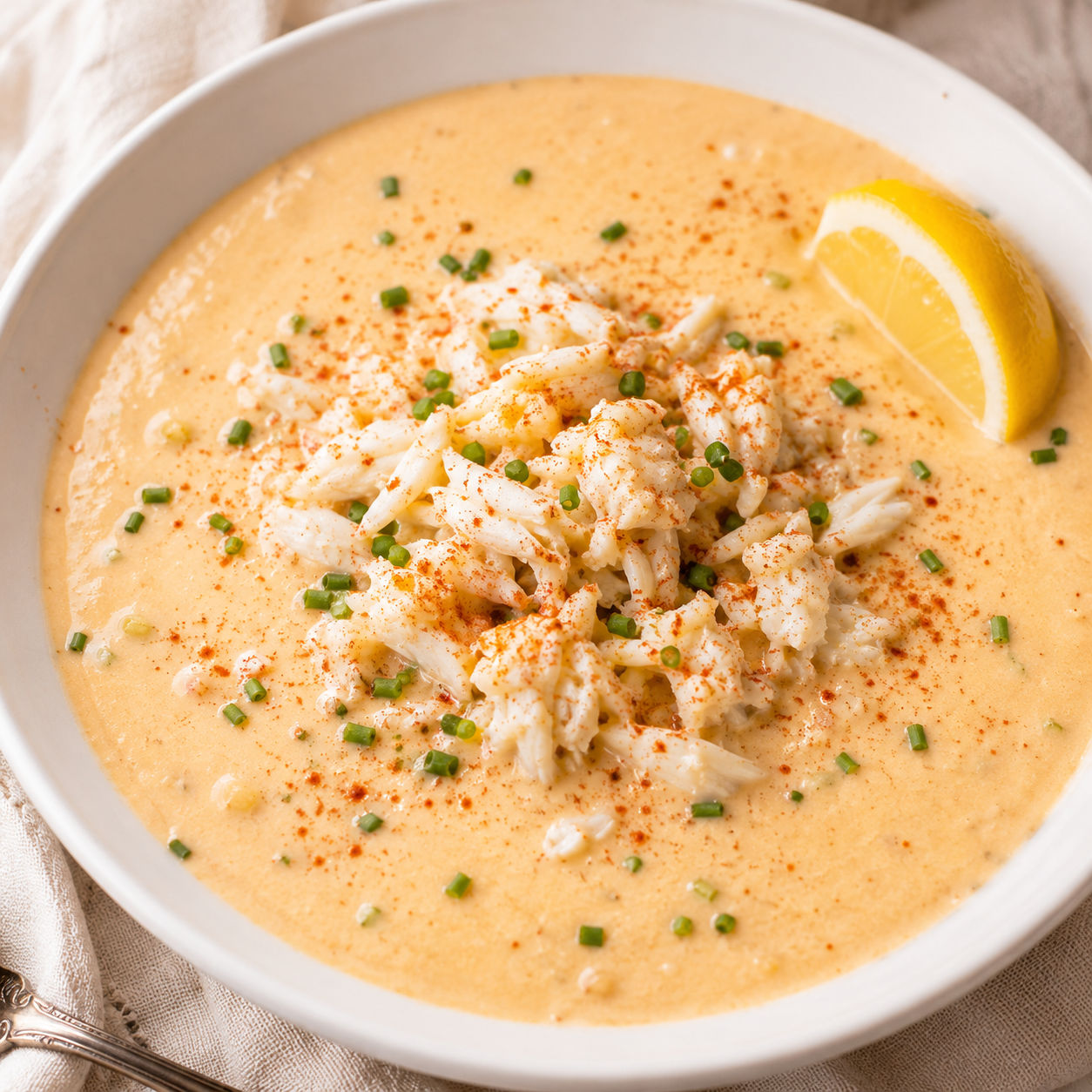 Creamy crab bisque with lump crab, chives, and lemon in a white bowl