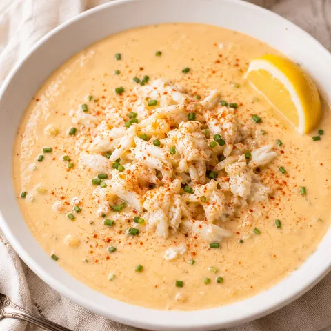 Creamy crab bisque with lump crab, chives, and lemon in a white bowl
