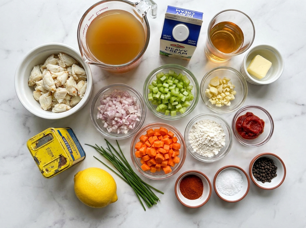 Ingredients for crab bisque with lump crab, cream, sherry, vegetables, and lemon